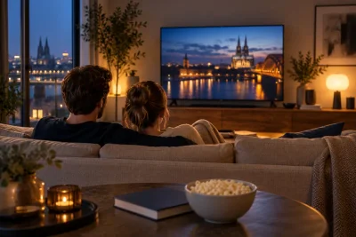 Ein Paar entspannt bei einem Fernsehabend auf dem Sofa.
