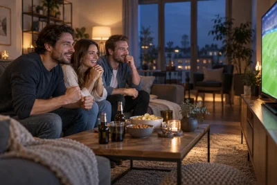 Freunde verfolgen gemeinsam einen Fußballabend im Wohnzimmer.